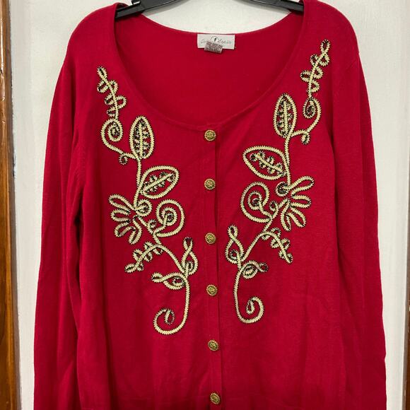 VTG Y2K Once Again Knit Red Cardigan Sweater Gold Embellishments Size X-Large - Picture 2 of 6
